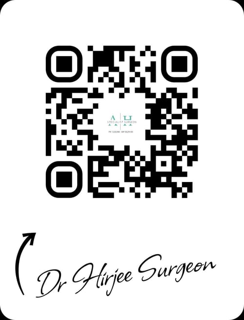 QR code linking to Dr Adarsh Hirjee's contact details